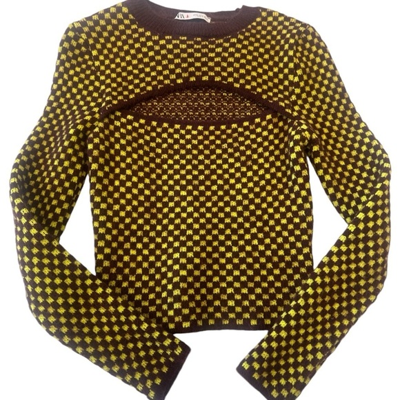 Zara Burgundy Checkered Cut-Out Knit Sweater - Picture 8 of 14